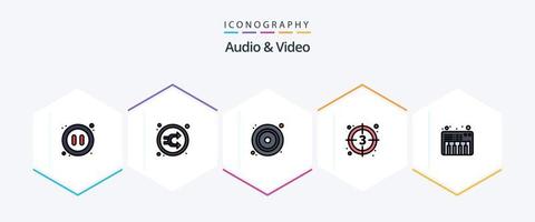 paquete de iconos de 25 líneas completas de audio y video que incluye video. película. barajar. película. video vector