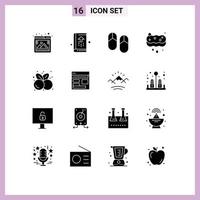 Group of 16 Modern Solid Glyphs Set for cherries sponge notebook cleaning slippers Editable Vector Design Elements