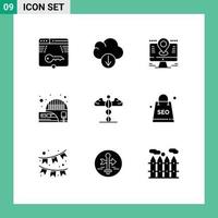 9 Thematic Vector Solid Glyphs and Editable Symbols of medicine suburban map electric pin Editable Vector Design Elements