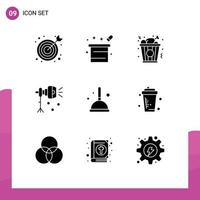 Pack of 9 Modern Solid Glyphs Signs and Symbols for Web Print Media such as cleaning studio light fast food spotlight light Editable Vector Design Elements