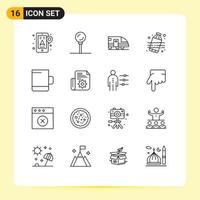 Modern Set of 16 Outlines Pictograph of document cup station water pollution Editable Vector Design Elements