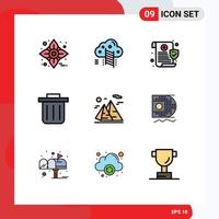 9 Universal Filledline Flat Color Signs Symbols of travel nature medical hiking recycling bin Editable Vector Design Elements