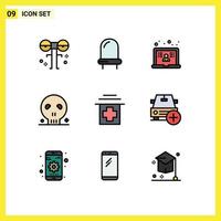 Mobile Interface Filledline Flat Color Set of 9 Pictograms of hospital skull laptop human bones Editable Vector Design Elements