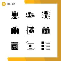 Pack of 9 Modern Solid Glyphs Signs and Symbols for Web Print Media such as coffee pepper coins food prize Editable Vector Design Elements