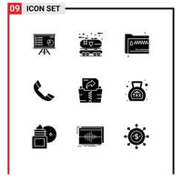 Mobile Interface Solid Glyph Set of 9 Pictograms of call documents economic files folder Editable Vector Design Elements