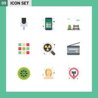 Mobile Interface Flat Color Set of 9 Pictograms of search radioactive park nuclear shape Editable Vector Design Elements