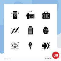 Editable Vector Line Pack of 9 Simple Solid Glyphs of user battery transportation sweet party Editable Vector Design Elements