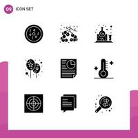 Editable Vector Line Pack of 9 Simple Solid Glyphs of page data chemistry festival balloon Editable Vector Design Elements