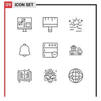 Pictogram Set of 9 Simple Outlines of sound bell tools alert sun Editable Vector Design Elements