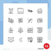 Set of 16 Vector Outlines on Grid for mail payment hardware money finance Editable Vector Design Elements