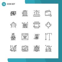 Outline Pack of 16 Universal Symbols of tea money church e close Editable Vector Design Elements