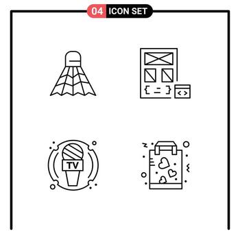 4 colores planos universales de línea de relleno establecidos para aplicaciones web y móviles juego de dispositivo de bádminton desarrollar elementos de diseño vectorial editables de micrófono vector