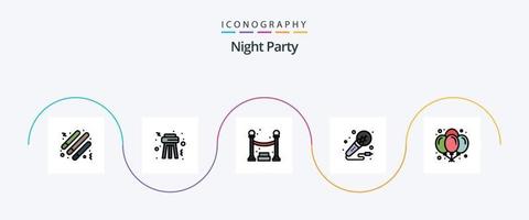 la línea de fiesta nocturna llenó el paquete de iconos planos 5 que incluye la celebración. globos noche. noche. música vector