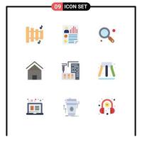 Set of 9 Vector Flat Colors on Grid for construction hut magnifier house cottage villa Editable Vector Design Elements