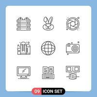 Pack of 9 Modern Outlines Signs and Symbols for Web Print Media such as earth biology camera silo container Editable Vector Design Elements