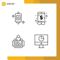 Mobile Interface Line Set of 4 Pictograms of bag man treatment phone technology Editable Vector Design Elements