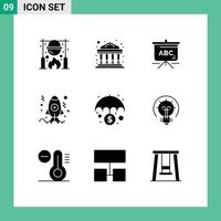 Editable Vector Line Pack of 9 Simple Solid Glyphs of money banking bag launch coding Editable Vector Design Elements