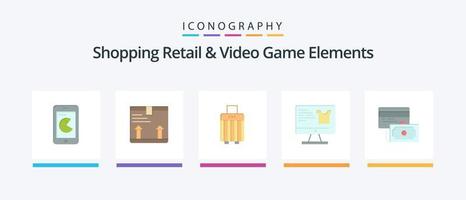 compras minoristas y elementos de videojuegos paquete de iconos planos 5 que incluye crédito. compras. bolsa . monitor . computadora. diseño de iconos creativos vector