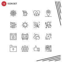 Pictogram Set of 16 Simple Outlines of party celebrate dad location gear Editable Vector Design Elements