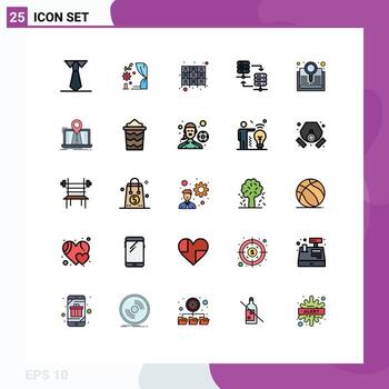 Pack of 25 Modern Filled line Flat Colors Signs and Symbols for Web Print Media such as explore share drawer server rack server Editable Vector Design Elements