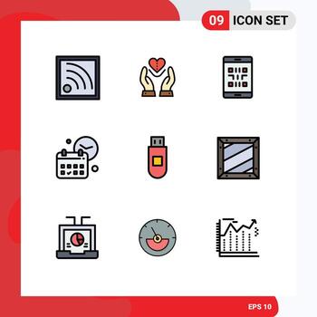 9 paquete de color plano de línea de relleno de interfaz de usuario de signos y símbolos modernos de fecha de código de trabajo elementos de diseño de vector editables de teléfono inteligente