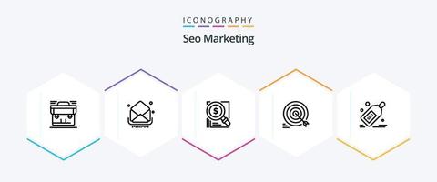 Seo Marketing 25 Line icon pack including target. darts. inbox. solution. magnifer vector