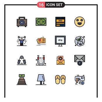 16 Universal Flat Color Filled Lines Set for Web and Mobile Applications happy emojis money tech hosting Editable Creative Vector Design Elements