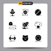 Universal Icon Symbols Group of 9 Modern Solid Glyphs of tape measuring shield construction bowler Editable Vector Design Elements