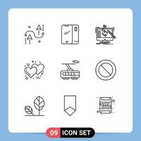 Mobile Interface Outline Set of 9 Pictograms of romantic day android processing tools Editable Vector Design Elements