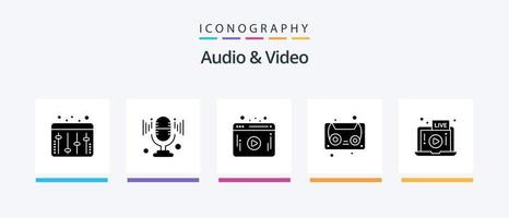 paquete de iconos de glifo 5 de audio y video que incluye . computadora portátil. jugador. jugar. vivir. diseño de iconos creativos vector