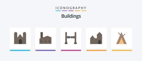 paquete de iconos planos de edificios 5 que incluye campamento. planta industrial. industria. chimenea de fábrica. balancearse. diseño de iconos creativos vector