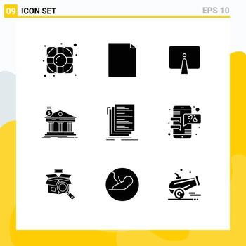 Pack of 9 Modern Solid Glyphs Signs and Symbols for Web Print Media such as coding federal desktop building bank Editable Vector Design Elements
