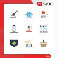 Mobile Interface Flat Color Set of 9 Pictograms of lady employee analysis warning battery Editable Vector Design Elements