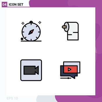 interfaz móvil línea de relleno conjunto de colores planos de 4 pictogramas de brújula registro navegación papel reproducir elementos de diseño vectorial editables vector