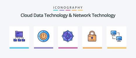 La tecnología de datos en la nube y la línea de tecnología de red llenaron un paquete de 5 iconos, incluida la informática. torre. nube. fuerza. torre eléctrica. diseño de iconos creativos vector