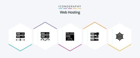 paquete de iconos de 25 glifos de alojamiento web que incluye seguridad. red . datos . navegador web vector