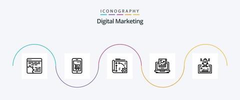 paquete de iconos de línea 5 de marketing digital que incluye ventas. analítica. compras. API. configuración vector