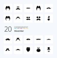 20 Movember Solid Glyph icon Pack like movember moustache beared beared movember vector