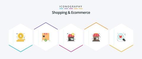 compras y comercio electrónico 25 paquete de iconos planos que incluye compras. buscar. almacenar. descuento. venta vector