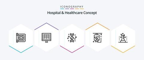 concepto de hospital y atención médica paquete de iconos de 25 líneas que incluye servicios médicos. cuidado de la salud. costillas genoma gene vector