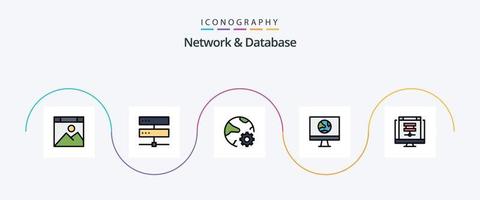 paquete de 5 iconos planos llenos de línea de red y base de datos que incluye conexión. aplicación hospedaje en línea. Internet vector