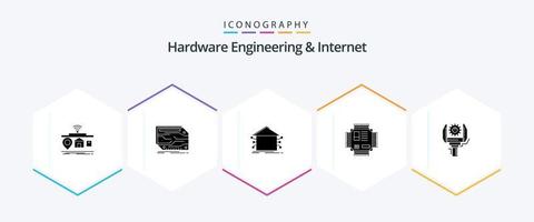 paquete de iconos de 25 glifos de ingeniería de hardware e Internet que incluye microchip. chip. electrónico. red. casa vector