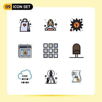 9 User Interface Filledline Flat Color Pack of modern Signs and Symbols of web shield user protection watch Editable Vector Design Elements