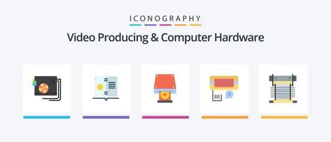 producción de video y paquete de íconos planos de hardware de computadora 5 que incluye computadora. datos. instrucción. conexión. disco rom diseño de iconos creativos vector