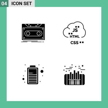 4 conjunto de glifos sólidos universales para aplicaciones web y móviles código de cinta de desarrollo de casete carga elementos de diseño vectorial editables vector