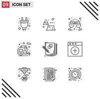 Set of 9 Modern UI Icons Symbols Signs for sketching motorhome environment camping party Editable Vector Design Elements