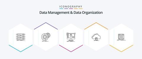 Data Management And Data Organization 25 Line icon pack including document. cloud. globe. data. safe vector