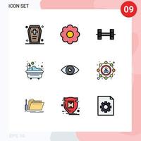 Pack of 9 Modern Filledline Flat Colors Signs and Symbols for Web Print Media such as eye basic sport app shower Editable Vector Design Elements