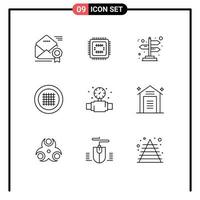 Set of 9 Vector Outlines on Grid for mechanical streamline cpu line grid Editable Vector Design Elements