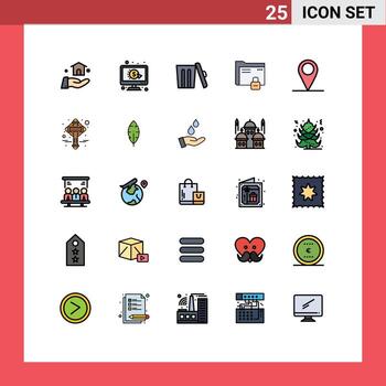 conjunto moderno de 25 colores planos de línea rellena pictograma de ubicación carpeta de protección de entorno seguro elementos de diseño vectorial editables vector